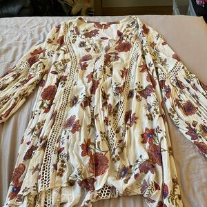 Free People Cream and Pink Ruched Floral Blouse